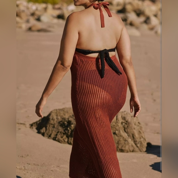 Beach Riot for Anthropologie Halter Crochet Cover-Up Dress, Reddish Brown, 1X - Picture 4 of 14